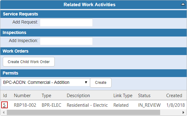 Click the Id in the Related Work Activities Permit Panel to Return to the Permit